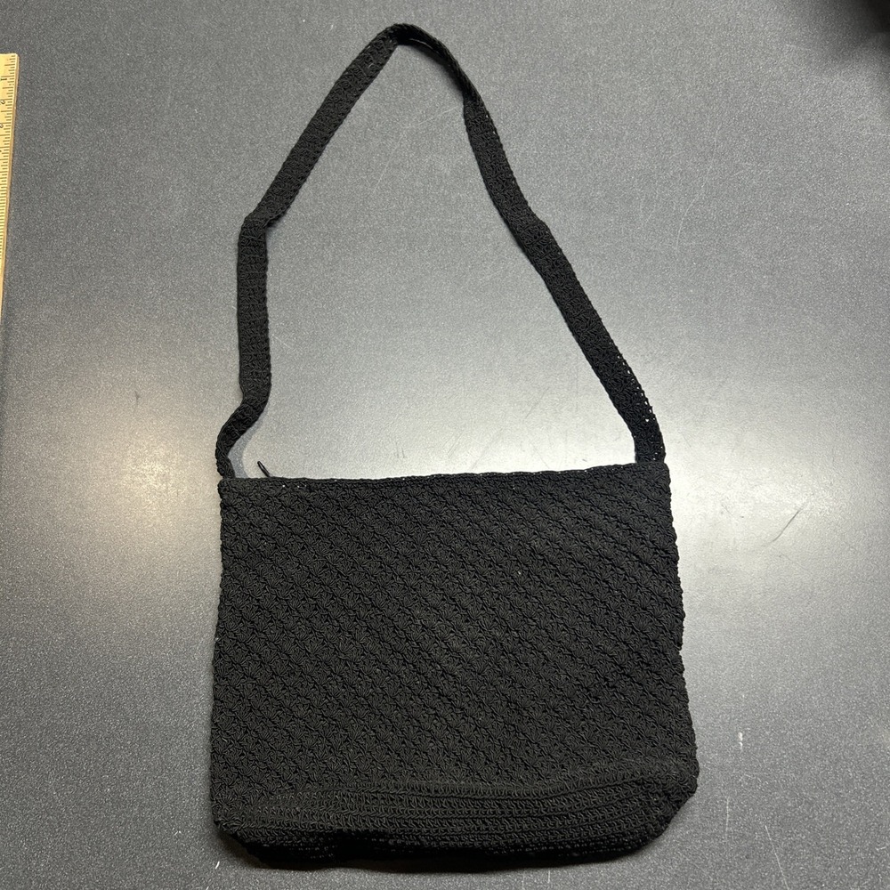 VTG Frankie and Johnnie Black Crocheted Cross Body Zip Closure Bag Boho Knit Y2K